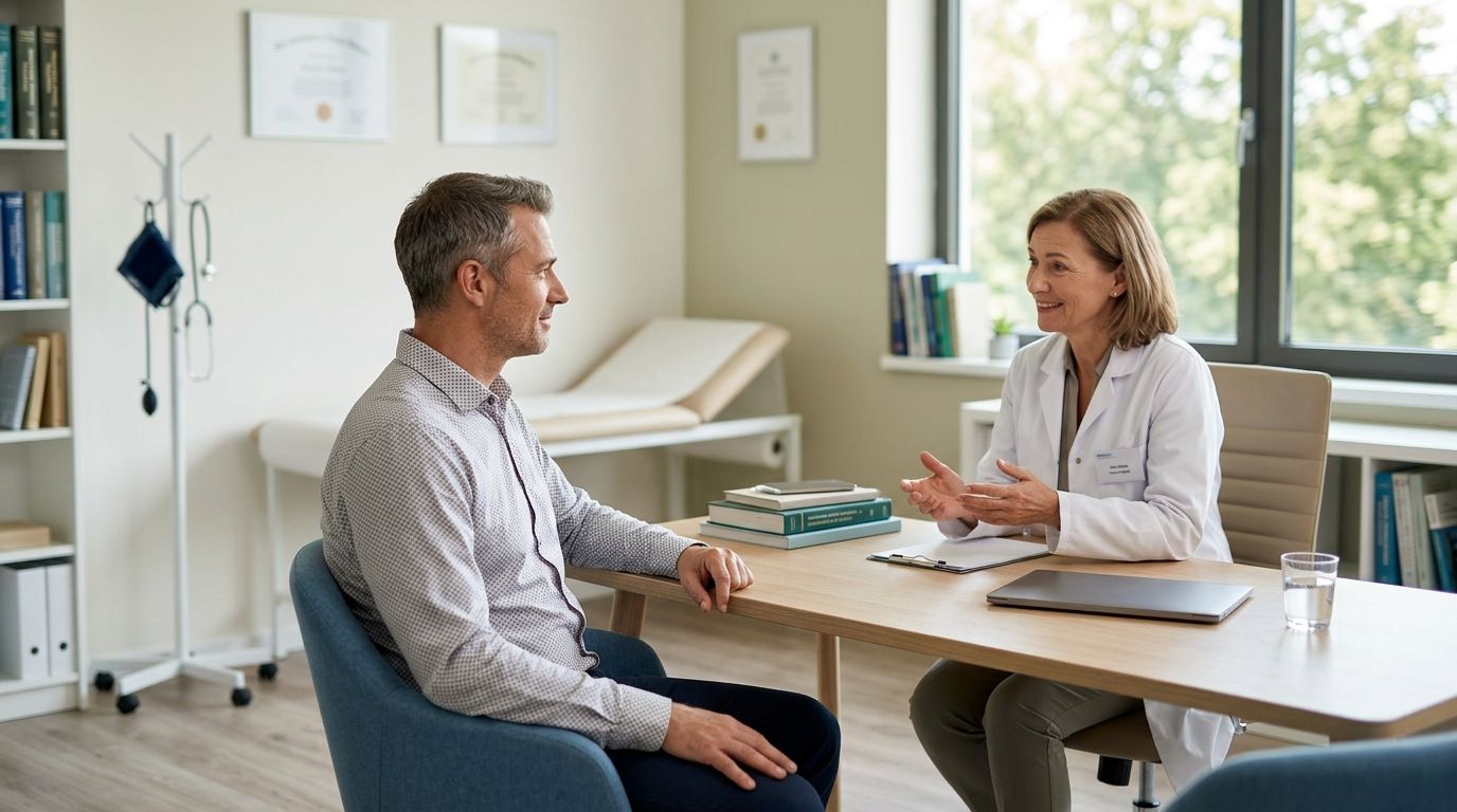 Лечение болезни Паркинсона Врач беседует с пожилым пациентом